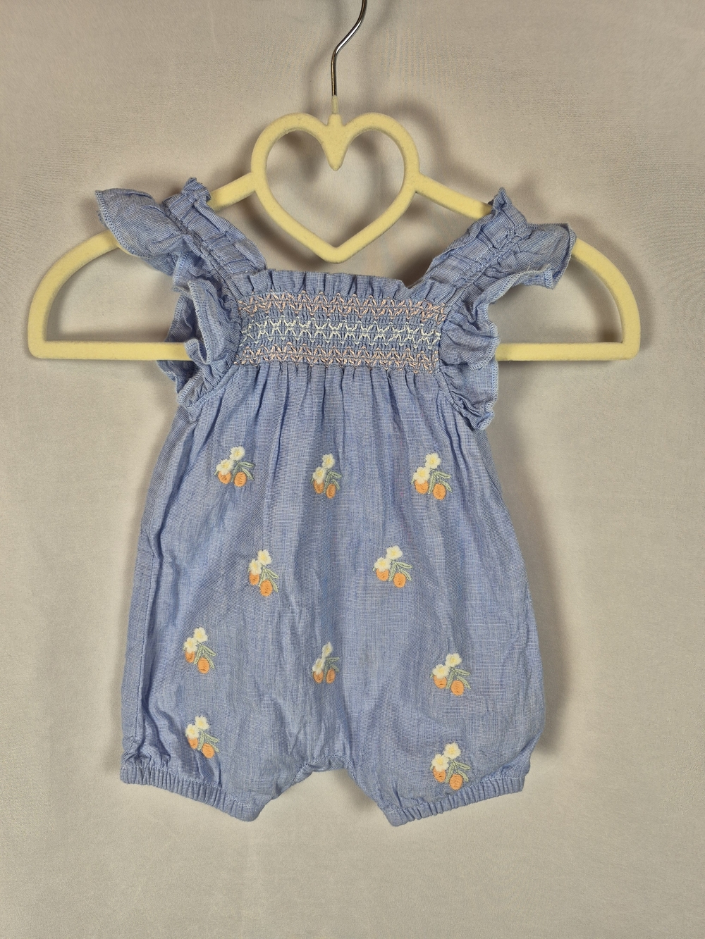 Source Unknown Light Blue Smocked Romper with Orange Embroidered Fruit 0-3M